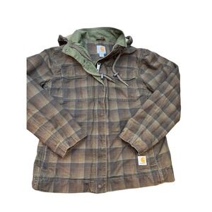 Carhartt Womens Plaid Hooded Quilted Jacket Brown Olive Green M 100306 301